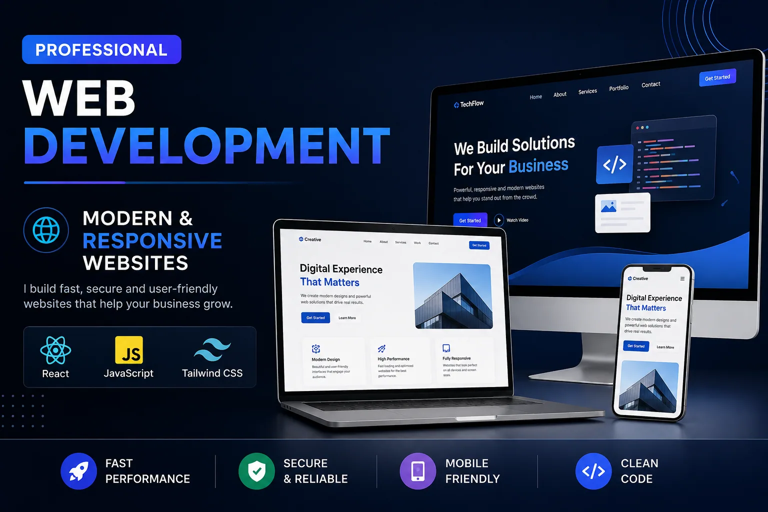I will build a professional modern responsive website or web application — freelance service on FIVESOM by DAADIR CADE
